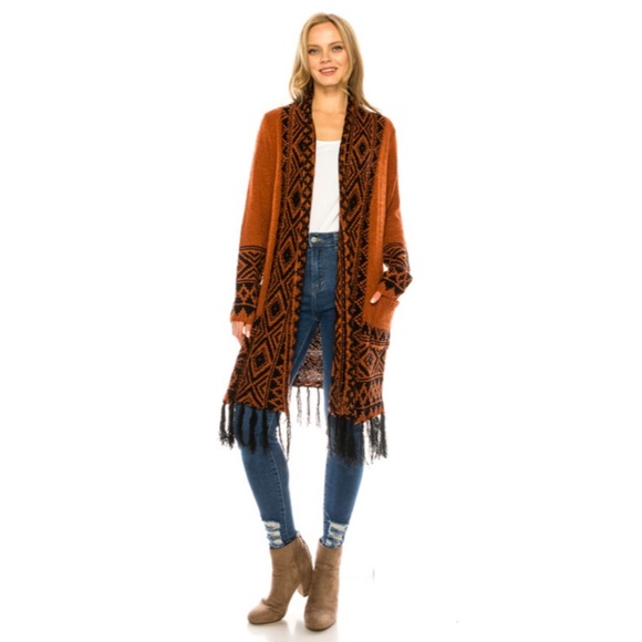 SOLD OUT Rust Black Tribal Open Front Long Knit Cardigan Sweater W/ Fringe - Picture 2 of 4